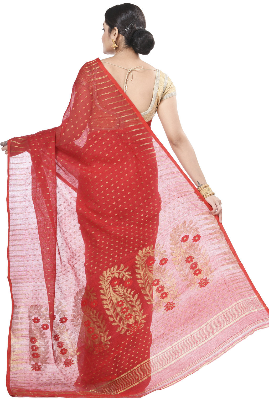 Red Blended Cotton New HALF  JAMDINE Jamdani Saree (527)